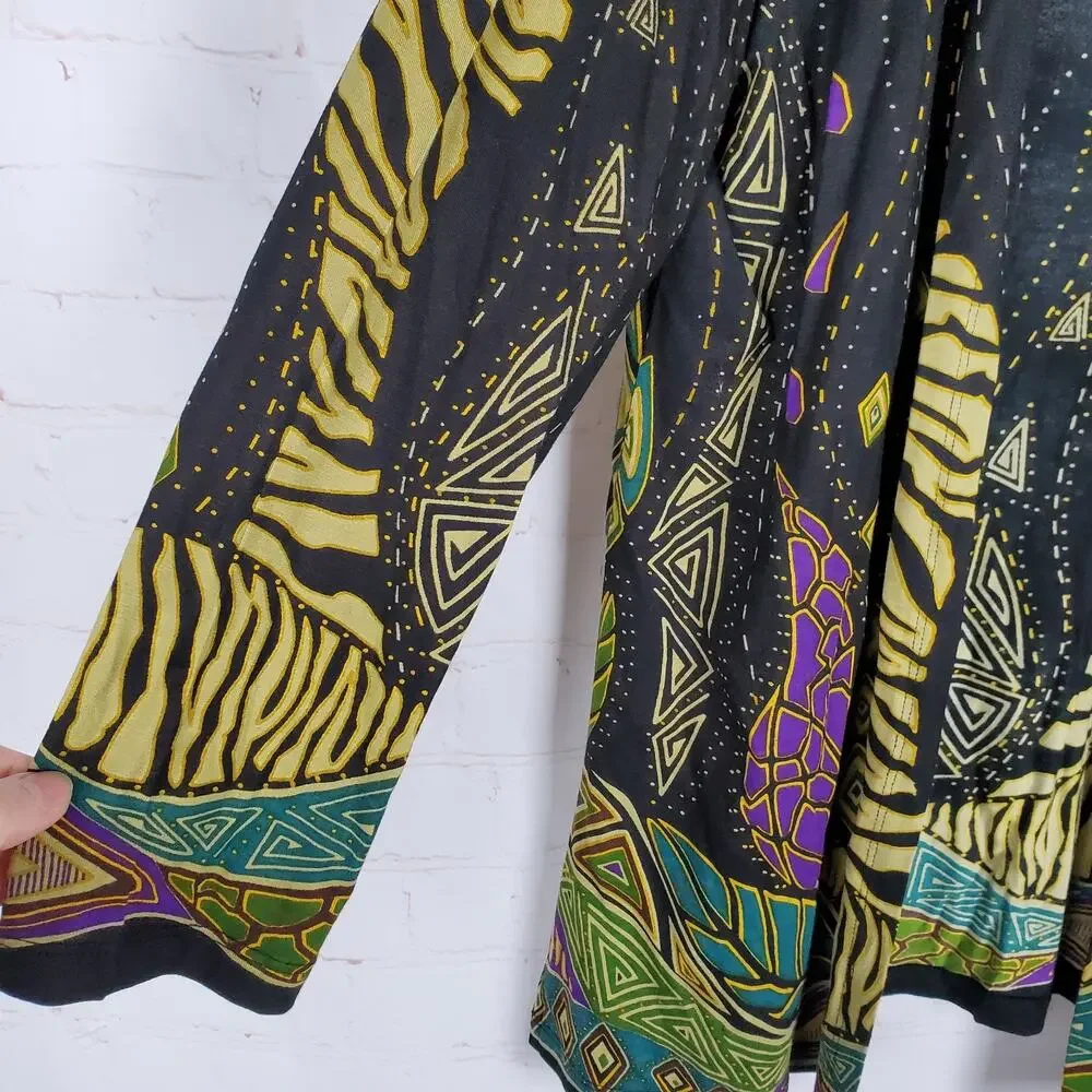 NEW Parsley & Sage Open Front Geometric Print Cardigan Black Multi Artsy L/XL